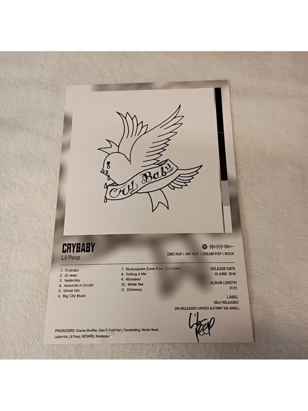 🆓 Free W/Purchase Thick Cardstock Lil Peep Crybaby Album Poster